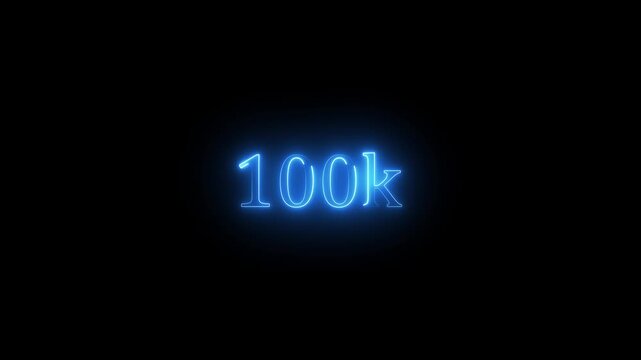 Glowing neon blue 100k text animation on black background. 100k Followers, 100k views, 100k subscribers.100k Celebrating our Community. Digital Milestone Number Design for Online Subscribers Achieve