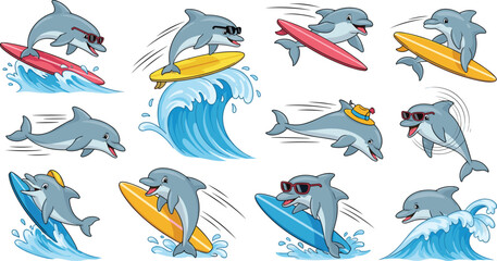 Cute dolphin surfing collection with waves surfboards summer ocean cartoon animals playful marine vector illustration set © Rumi