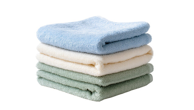 Isolated stack of neatly folded soft clean towels in pastel colors for bathroom or spa