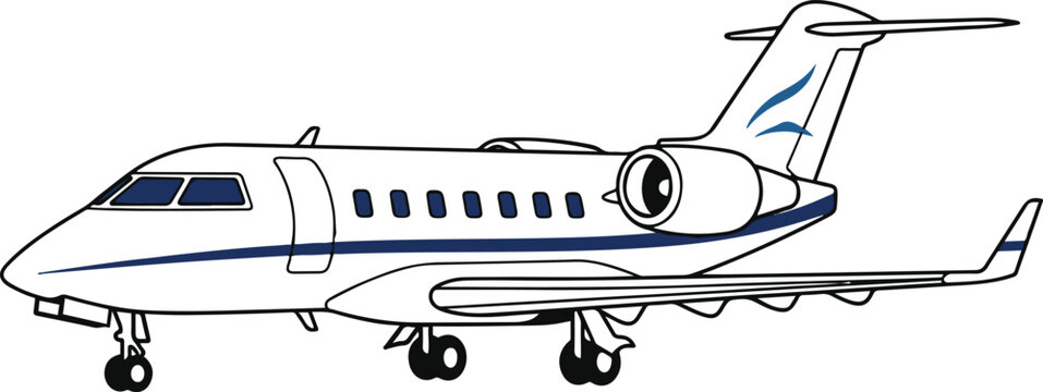 Flat vector illustration of a private jet airplane in a clean cartoon style, featuring detailed windows, engines, and landing gear, isolated on a light background, representing air travel, luxury tran