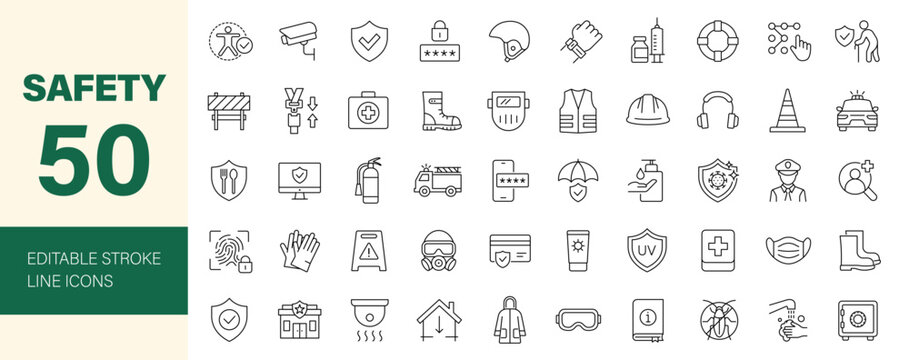 Safety icon set. Editable line icons. Vector illustration.
