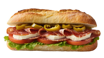 Isolated delicious Italian style submarine sandwich with salami, mozzarella, and peppers