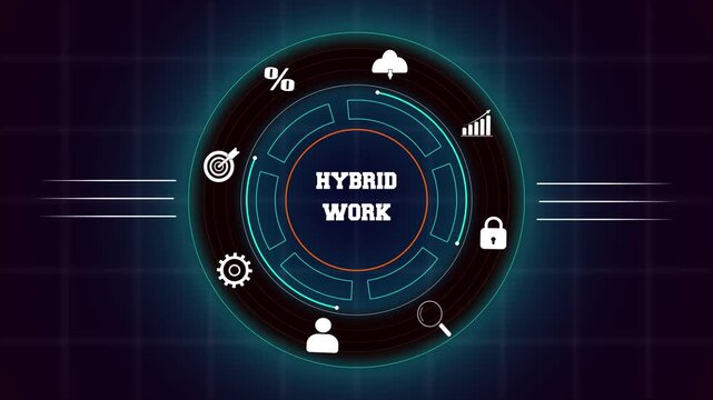 Modern hybrid work model and remote team collaboration with hud animation featuring digital interface icons for business