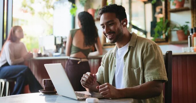 Video call, laptop and freelancer with man in cafe for online meeting, hello or communication. Virtual advisor, remote work and entrepreneur with person in coffee shop for discussion, wave or webinar