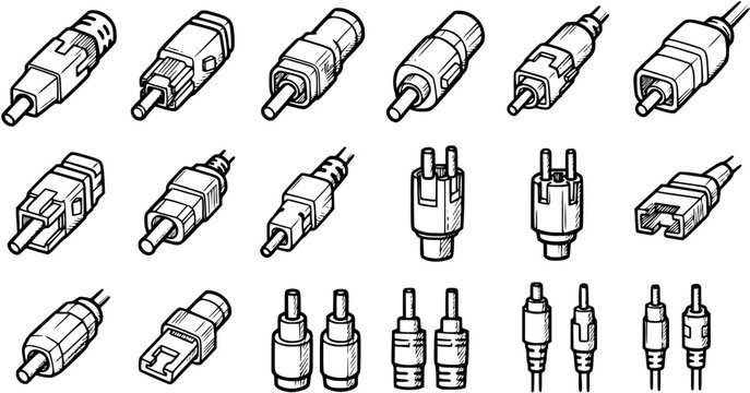 Technology  Electronics Connectors Black and White Line Art Set. Icons of Various Electrical Plugs, Jacks, and Adapters for Data, Audio, and Video Systems.