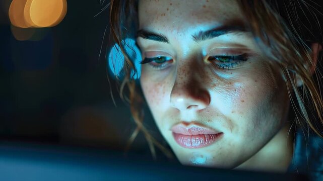 Focused Contemplation: Capturing a woman in deep concentration, her gaze illuminated by the soft glow of a screen. Evoking a sense of focused thought and quiet determination.
