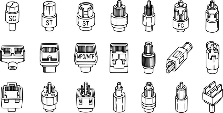 Technology and Telecommunications Connectors Line Art Icon Set: Fiber Optic, Network, and Electrical Plugs, Jacks, Adapters.