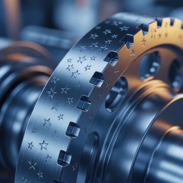 Closeup of a metallic gear wheel with engraved star patterns