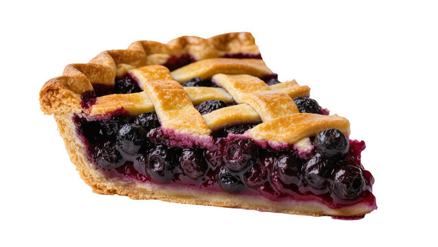 Isolated delicious slice of blueberry pie with lattice crust, fresh baked fruit dessert