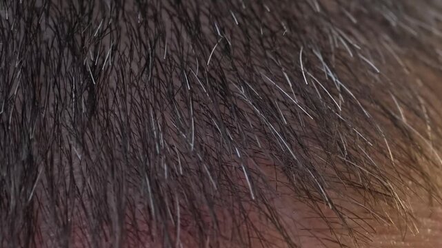 Male Hair Close Up with Gray Strands Man Running Hand Through Short Dark Hair
