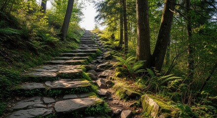 Fototapeta premium Stone Steps Leading Through Lush Forest.