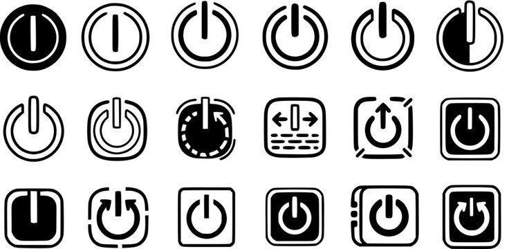Set of 15 Black and White Power Button Icons, Technology Symbol, Line Art and Glyph Style