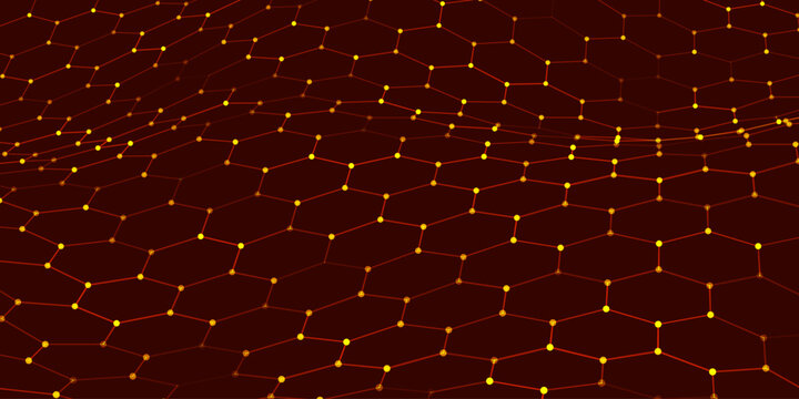 A vibrant hexagonal grid gently curves like a living digital fabric. A futuristic hexagonal background. Glowing nodes are connected by lines, forming a honeycomb structure.