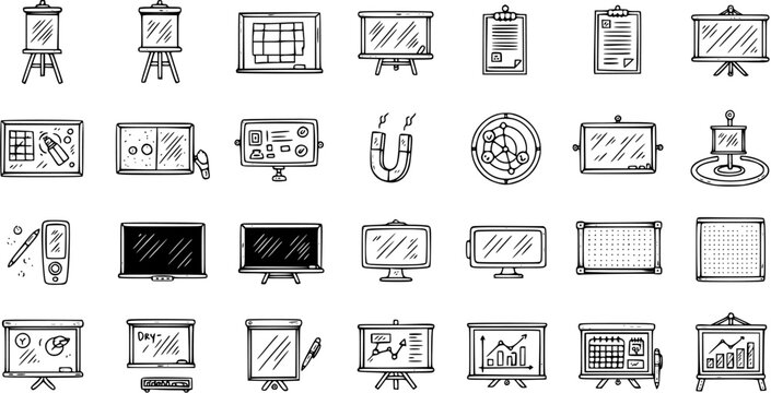 Business and Education Presentation Tools Icons Set in Hand-drawn Black  White Line Art Doodle Style