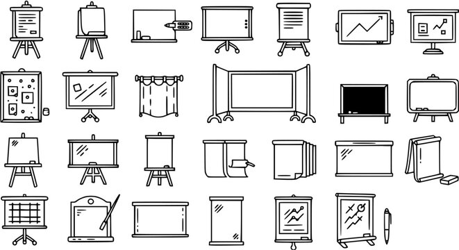 Black  White Line Art Icons Set of Presentation Boards, Whiteboards, Chalkboards, and Screens for Education, Business, and Office Communication Concepts