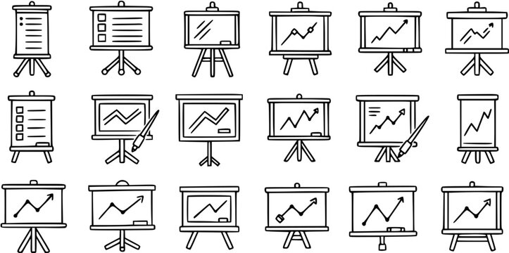 Business Presentation Board Icons Set. Hand-drawn Doodle Black and White Line Art of Whiteboards, Graphs, Charts, and Lists on Easels for Finance and Education.