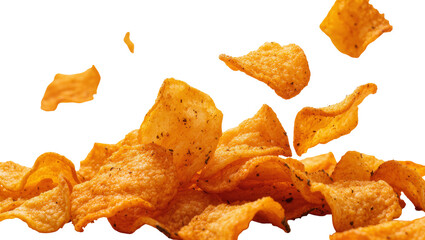 Naklejka premium Isolated delicious crispy textured potato chips falling and stacking, a popular savory snack food