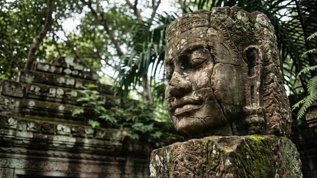 Calm carved stone face atop a highly detailed historical monument in a quiet temple ruin, ideal for cinematic historical travel vlog documentaries.