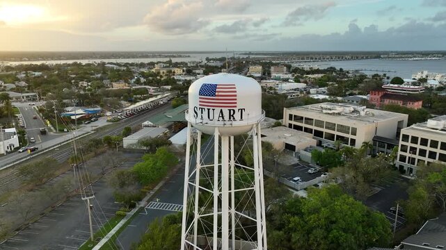 A golden-hour drone shot captures the Stuart water tower overlooking the quiet streets and neighborhoods of this Treasure Coast community.