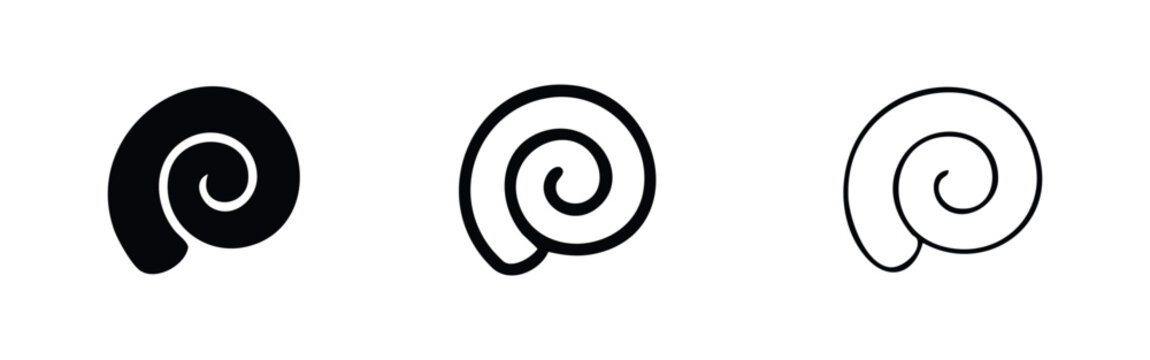 Compact spiral shell icon set. Simple abstract swirl symbol.