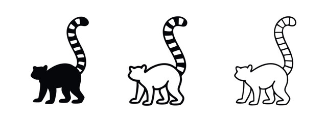 Standing Lemur Icon Set with Raised Striped Tail: Black Silhouette and Outline Vectors © liubomir118809