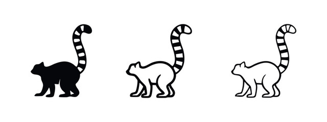 Striped-Tail Lemur Icon Set: Black Silhouette and Outline Vector Illustrations © liubomir118809