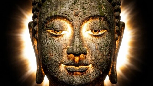 Realistic meditation statue face glowing intensely with pure warm bright light in absolute darkness, ideal for mindful and spiritual documentaries.