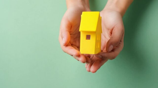 Hand Holding House Model: A close-up shot captures hands gently cradling a miniature yellow house model, symbolizing dreams of homeownership, security, and investment against a simple background.
