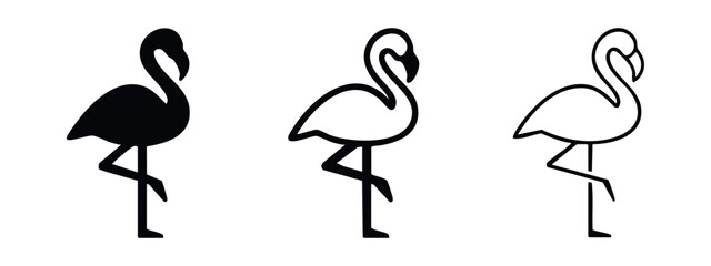 Flamingo bird icon set in solid, outline, and thin line styles, tropical animal illustration. © liubomir118809