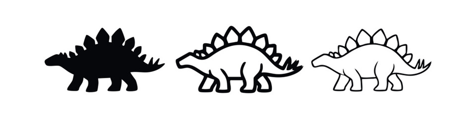 Simple Stegosaurus dinosaur icon set in black and outline variations © liubomir118809