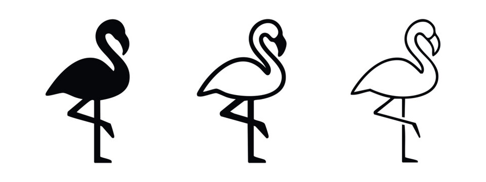 Flamingo bird icon set in solid, outline, and thin line styles, tropical animal illustration.