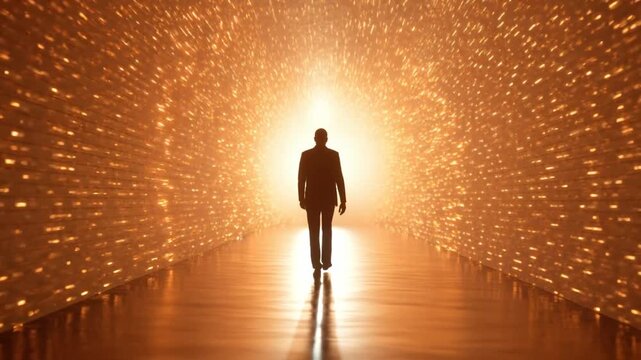 Silhouette man golden tunnel light glow futuristic corridor walking mystery abstract reflection business concept success journey leadership inspiration hope bright path future surreal spiritual vision