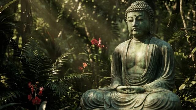 Bronze meditation statue resting gracefully atop a stone pedestal in a lush tropical forest, perfect for cinematic travel and wellness vlog visuals.