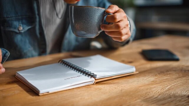 Casual clothing wrist watch notebook coffee cup hand gesture middle finger rude sign wooden table pen cozy sweater person hand notebook pen writing coffee study journal planning wooden table casual