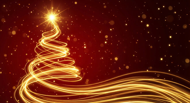 Abstract light trail christmas tree on red background perfect for modern holiday concepts and digital greeting cards