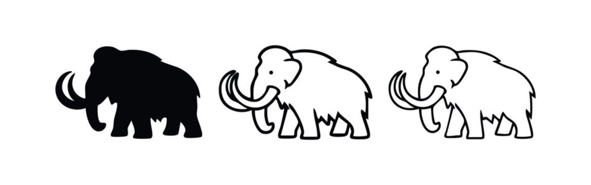 Woolly mammoth icon set in different styles.