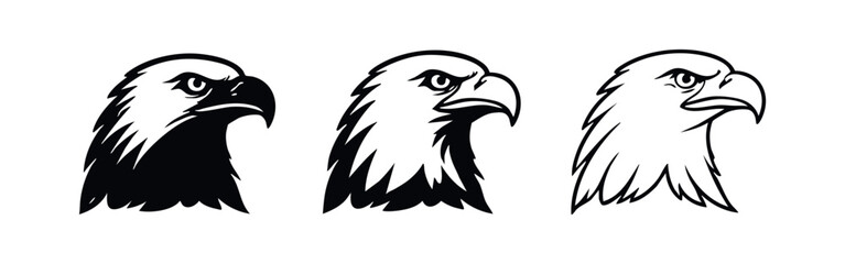 Fototapeta premium Majestic Bald Eagle Head Icon Set Facing Right - Vector Illustrations in Silhouette and Outline Styles