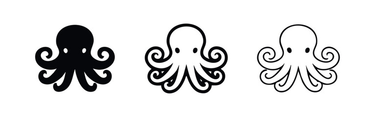 Cute octopus icon set in three distinct styles: solid, thick line, and thin line, ideal for ocean themes. © liubomir118809