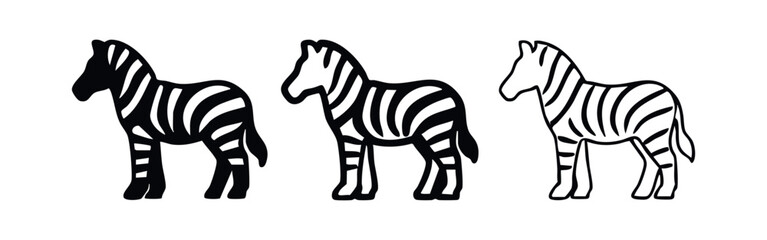 Fototapeta premium Graphic zebra icon set featuring distinct stripe patterns, available in solid, thick line, and thin line styles.