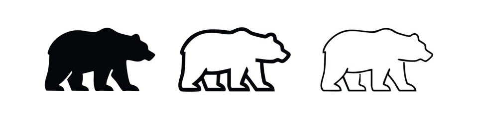 Fototapeta premium Minimalist bear icon set in side profile, available in solid, thick line, and thin line versions for design.