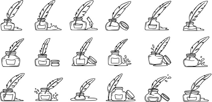 Vintage Writing and Literature Black and White Line Art Doodle Icons: Quill Pens and Inkwells Collection for History and Education