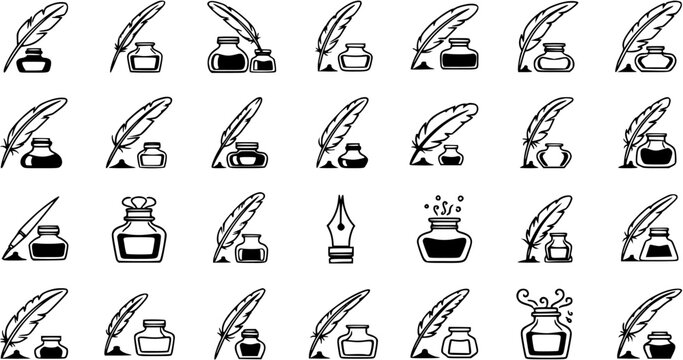 Quill pen and inkwell icons set, writing, literature, education, vintage, black and white line art