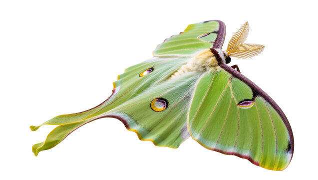 Isolated beautiful vibrant green Luna moth with majestic long tails and feathery antennae
