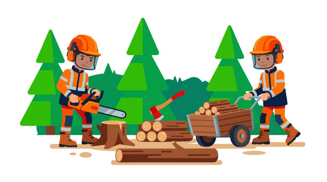 Two loggers in safety gear, one operating a chainsaw and the other pushing a cart filled with firewood, surrounded by trees and logs, illustrating forestry work and timber harvesting