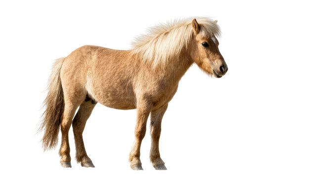 Isolated gorgeous tan horse with a long fluffy mane and tail standing proudly.