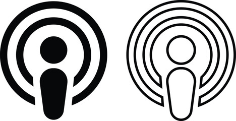 Apple podcast app flat and outline icon set. Logo options for audio streaming, mobile interface and media branding design. Digital social media vectors illustration isolated on transparent background.
