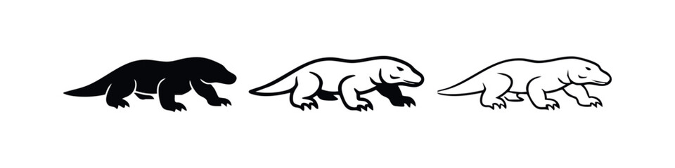 Fototapeta premium Komodo Dragon Lizard Icon Set in Solid and Outline Styles. Wild Animal Vector Illustration.