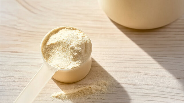 Bovine Colostrum Powder in Scoop with Natural Light, Gut Health and Immune Support Concept