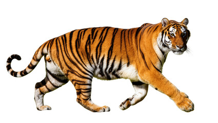 Obraz premium Isolated powerful Bengal tiger walking with majestic stride, a wild big cat predator