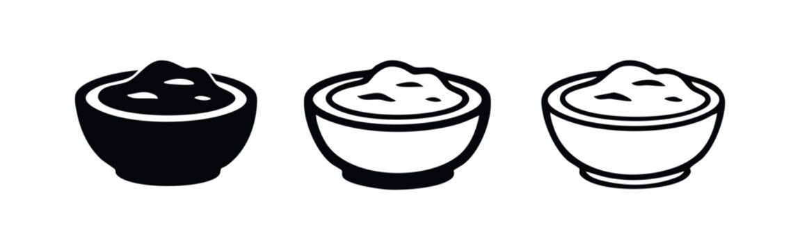 Bowl with food icon set. Mashed potatoes or ice cream in a dish simple vector glyphs for menu design.